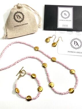 Pink Beaded Necklace & Bracelet Set with Gold Accents